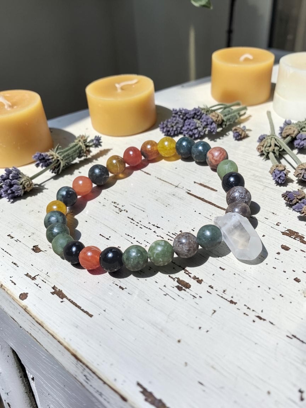 Multi-Color Gemstone Beaded Bracelet with Clear Quartz Charm